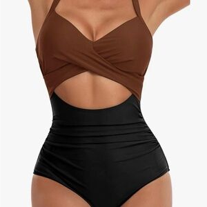 NWT Eomenie Colorblock Cutout One-Piece Swimsuit Ruched Slimming Adjustable L
